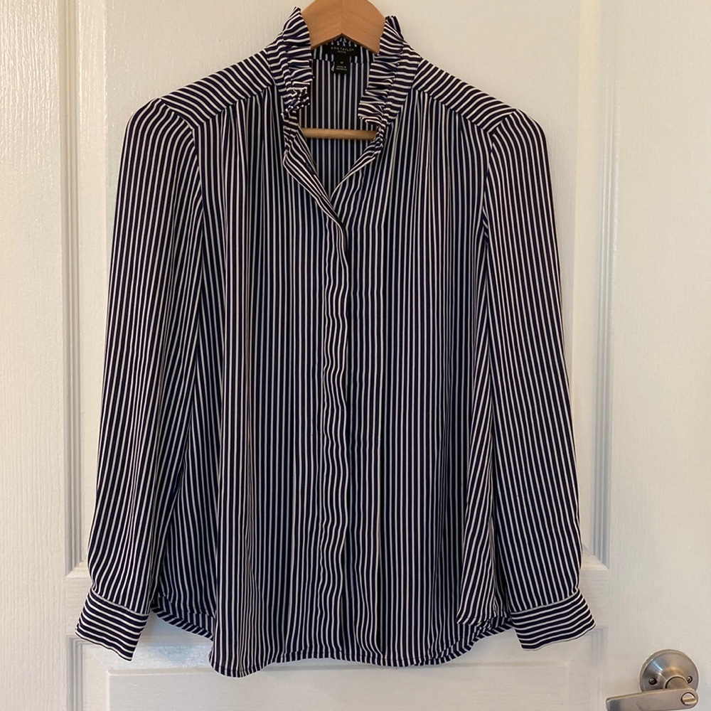 Ann Taylor Petite Button Up Ruffle Collar Blouse